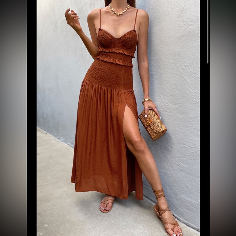 Seven wonders brown smocked midi dress- NWT